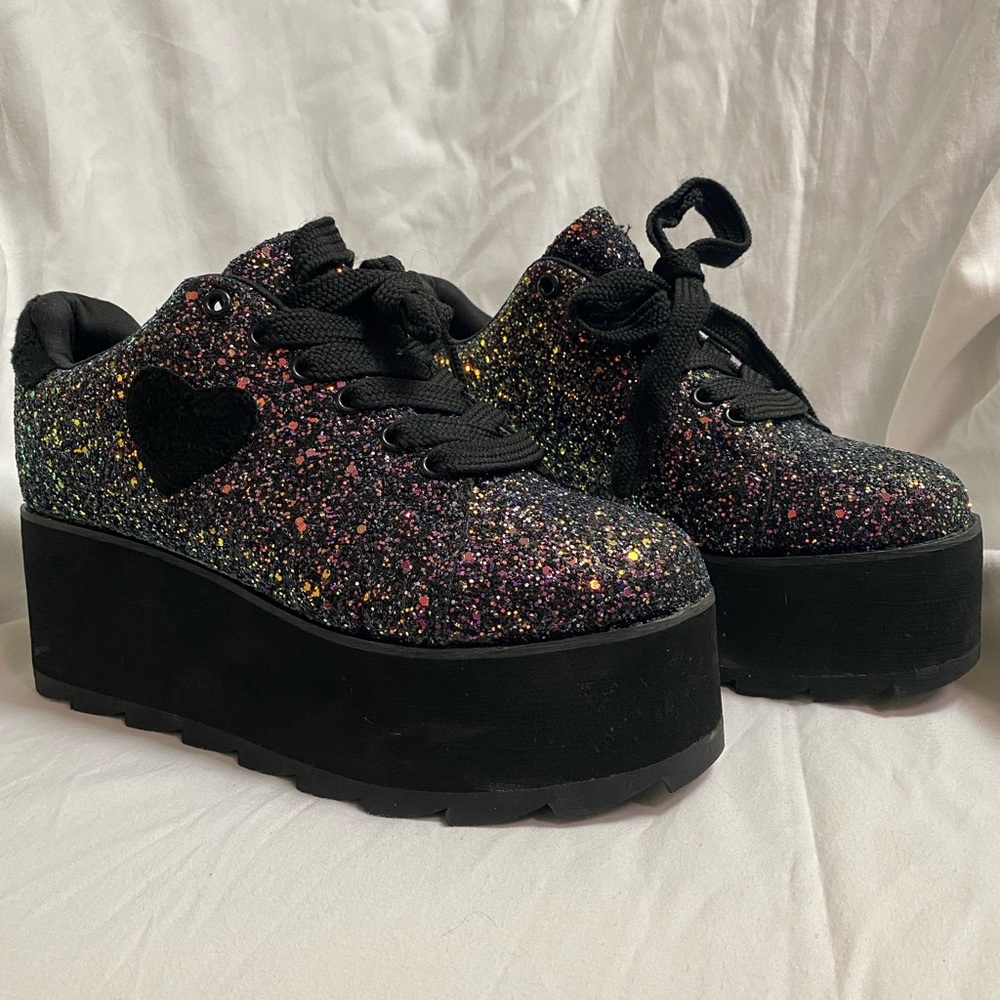 NEW YRU LALA BLACK SEQUIN PUNK PLATFORM SNEAKERS - Size 10